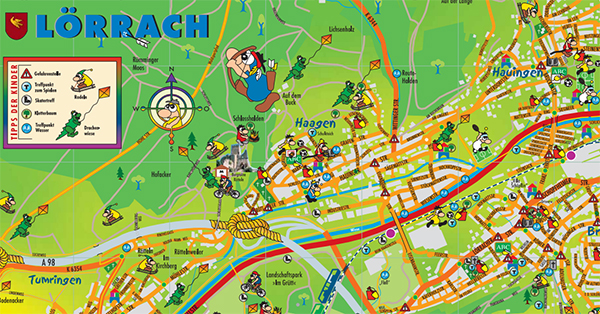 Kinderstadtplan von Lörrach, farbenfroh und aussagekräftig. Erstellt 2012