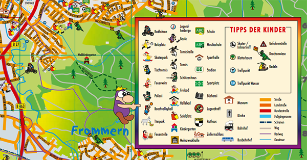 Die Karten-Legenden der Kinderstadtpläne sind ansprechend und kindgerecht gestaltet. Kinderstadtplan Balingen.