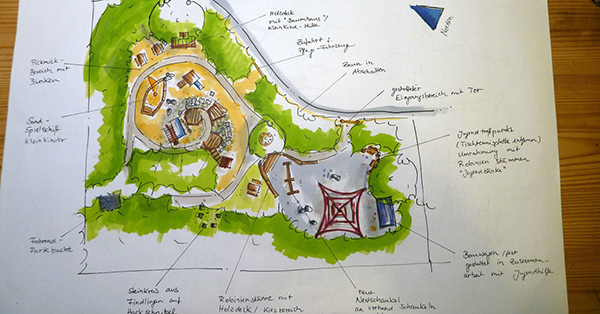 Nach der Besprechung mit der Gemeinde entstand der endgültige Entwurf für den neuen Klinkerspielplatz. Skizze: Susanne Schnell
